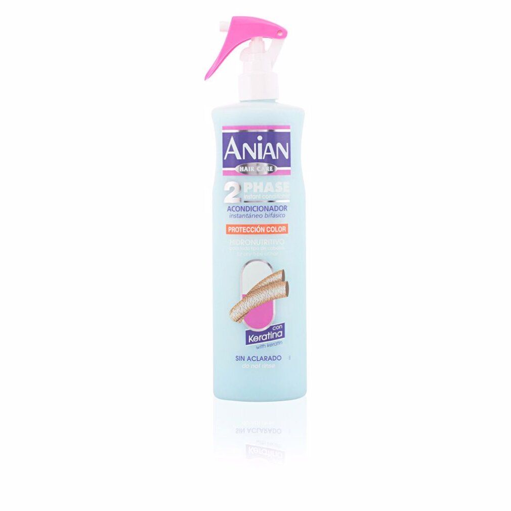 Spray azzurro con erogatore rosa. Scritte: Anian, 2 Phase, Acondicionador, Protección Color, con Keratina, Sin Aclarado.