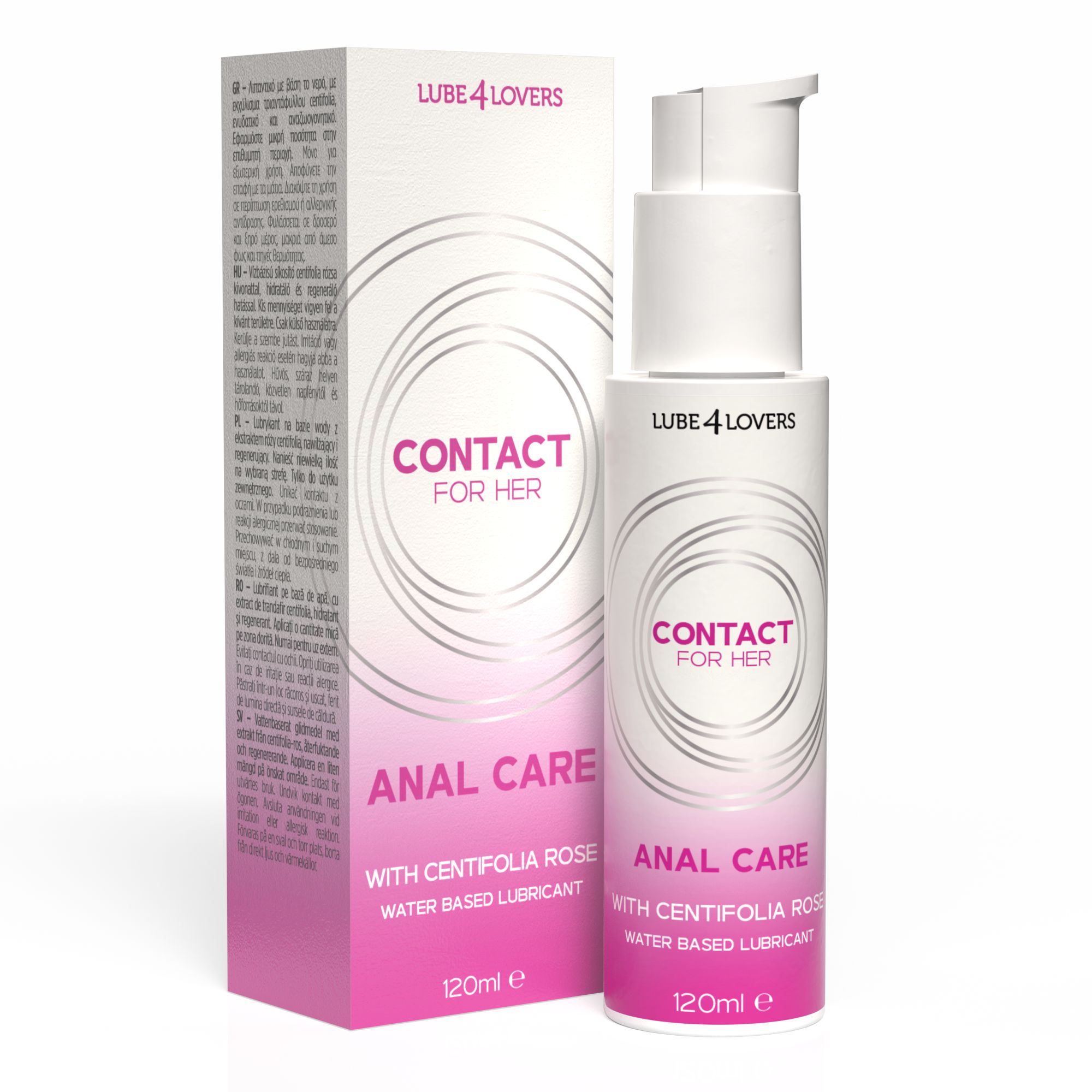 Flacone e confezione bianchi. Scritta: CONTACT FOR HER, ANAL CARE, con rosa centifolia, lubrificante a base d'acqua. 120ml.