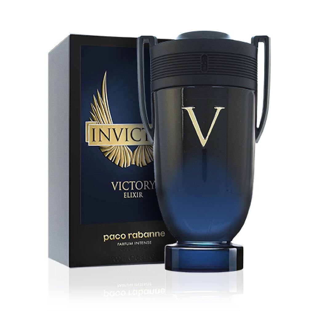 Flacone blu scuro con 'V' dorata e confezione nera. Scritta 'Invictus Victory Elixir'.