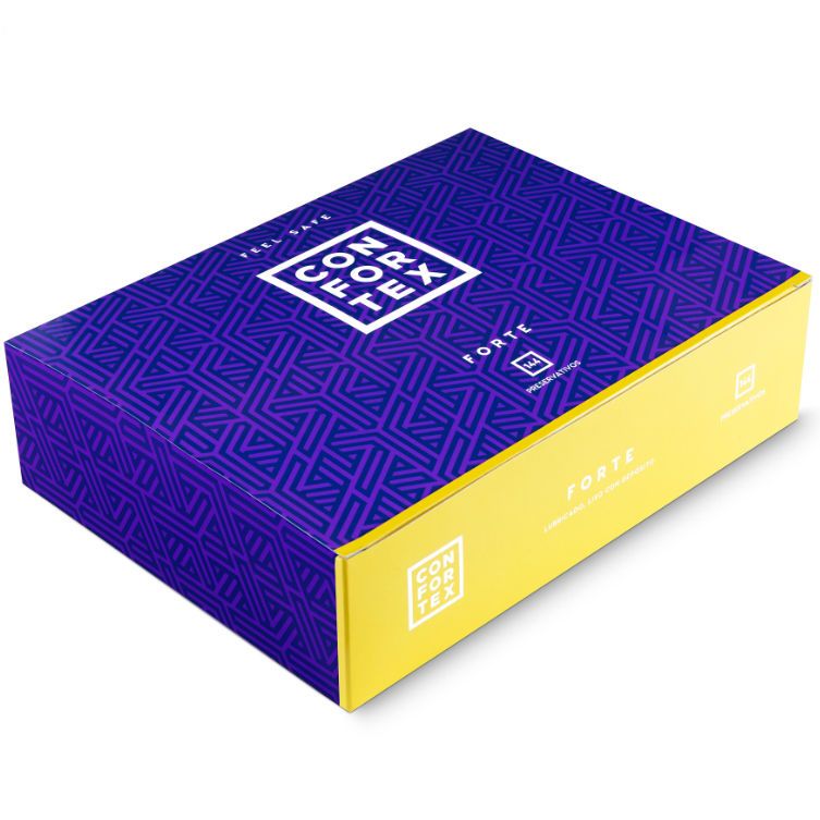 Confezione di preservativi Confortex Forte, viola e gialla, con motivo e testo.