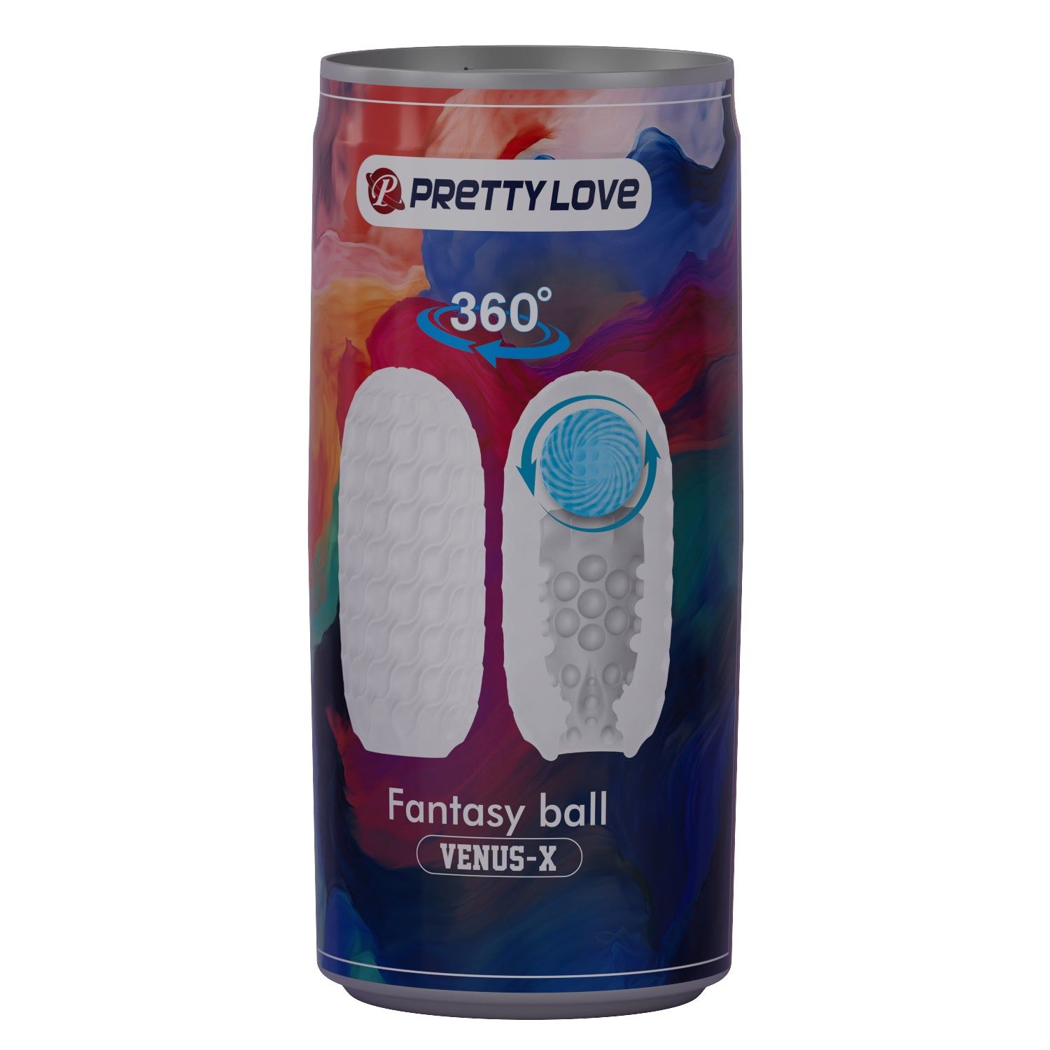 Lattina con logo PRETTY LOVE e scritta 360°. Illustrazione del prodotto e nome: Fantasy ball.