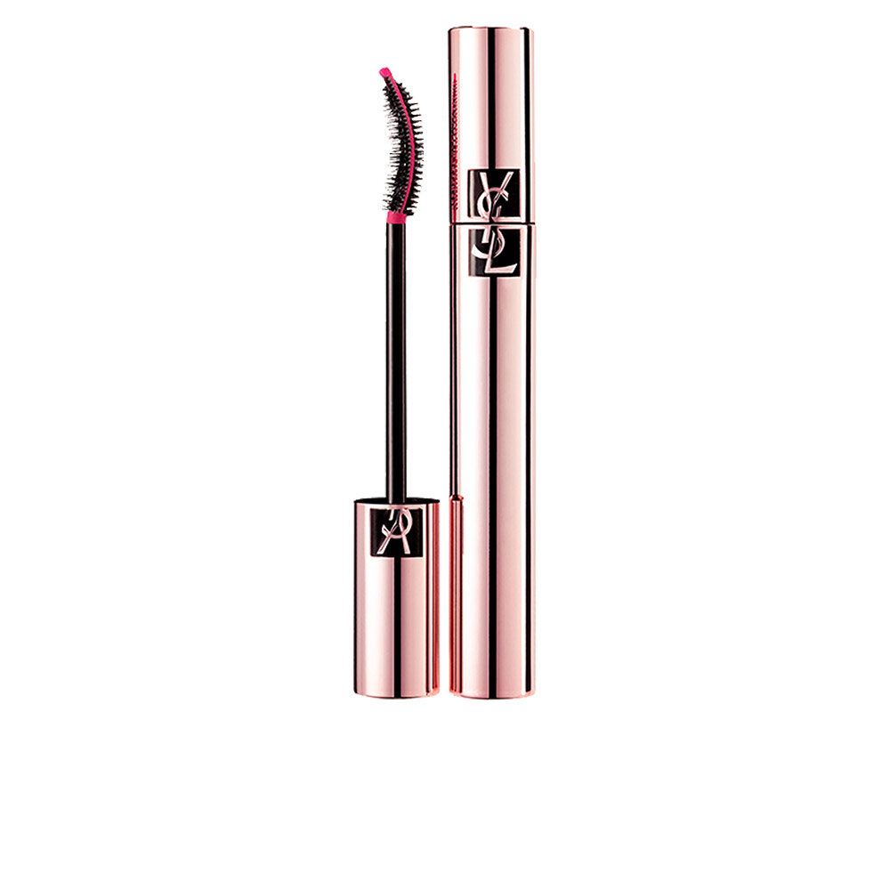 Tubo mascara e spazzola. Contenitore rosa dorato con logo YSL. Spazzola nera con setole rosa.