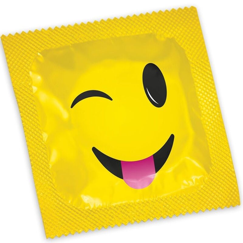 Confezione singola di preservativo con una faccina sorridente che fa l'occhiolino.