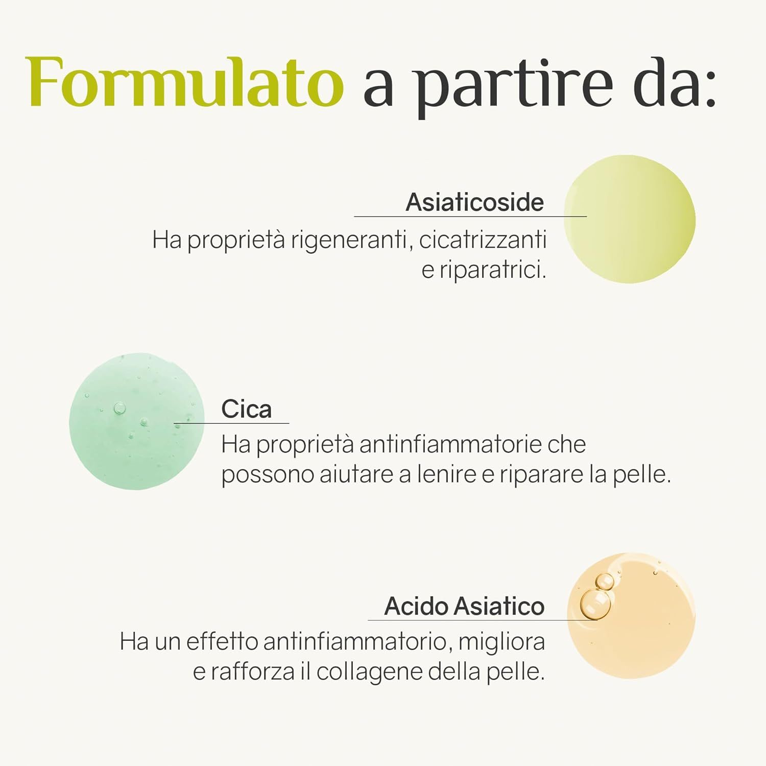Grafico con ingredienti: Asiaticoside, Cica, Acido Asiatico. Descrizioni degli ingredienti e dei loro effetti sulla pelle.