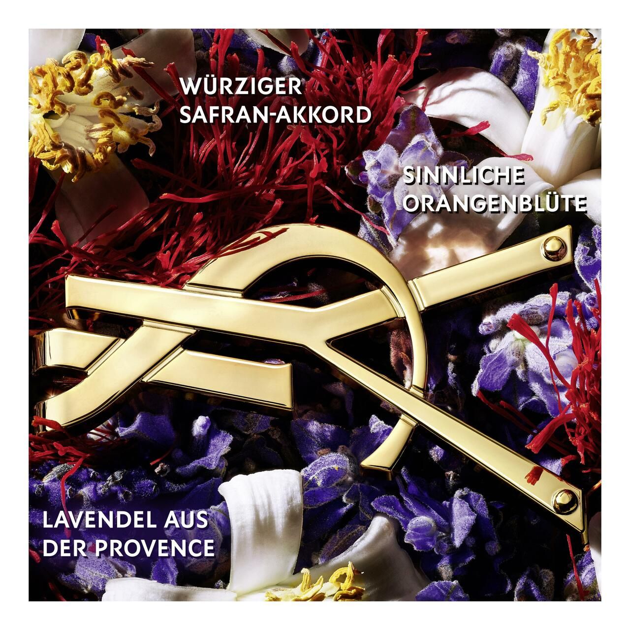Logo dorato su fiori ed erbe. Testo: Accordo zafferano speziato, Fiore d'arancio sensuale, Lavanda di Provenza.