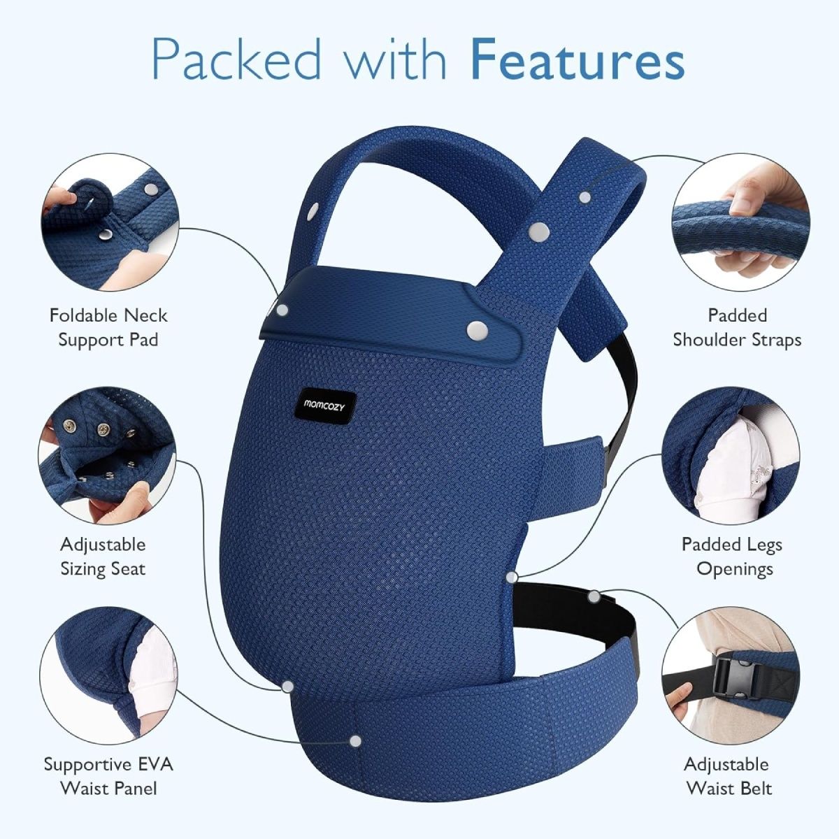 Fascia portabebè blu con caratteristiche: cuscino di supporto per il collo pieghevole, spallacci imbottiti, seduta regolabile, cintura in vita EVA, cintura regolabile.