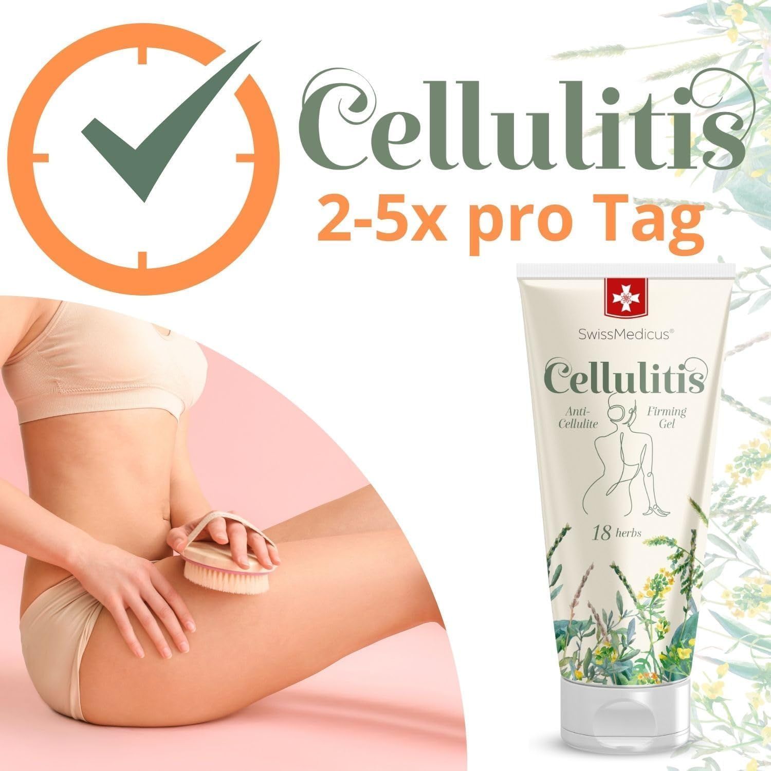 Tubo di crema SwissMedicus Cellulitis. Donna con spazzola. Testo: 2-5x al giorno. Spunta verde.