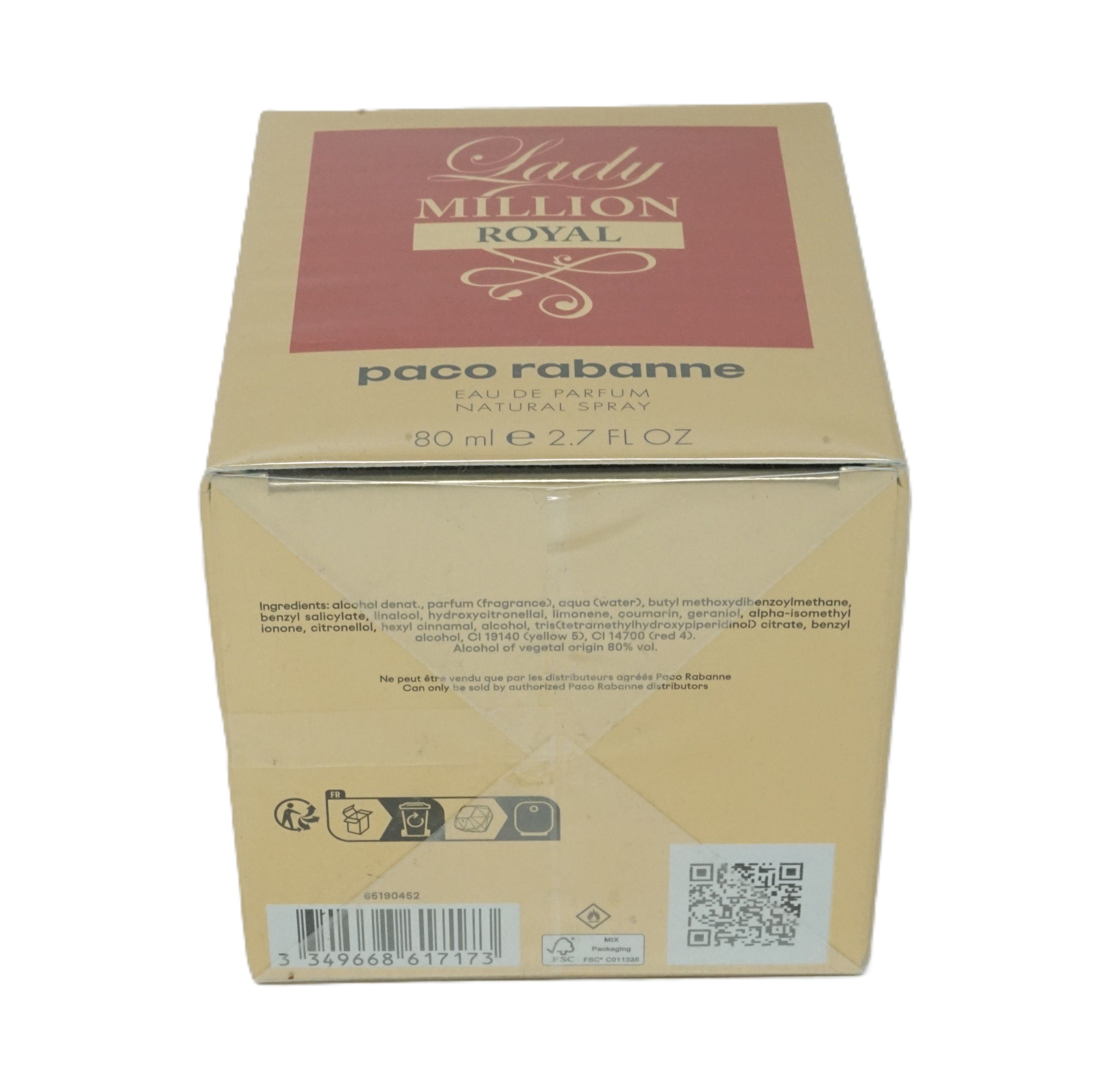 Retro di una scatola dorata. Scritta: Lady Million Royal, ingredienti, codice QR, codice a barre.