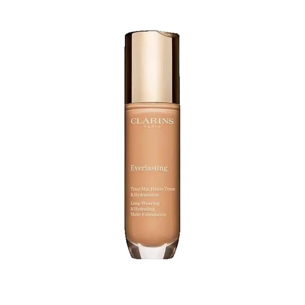 Flacone di fondotinta Clarins Everlasting. Tappo dorato. Scritta: Teint Mat Haute Tenue & Hydratation. Matte Foundation.