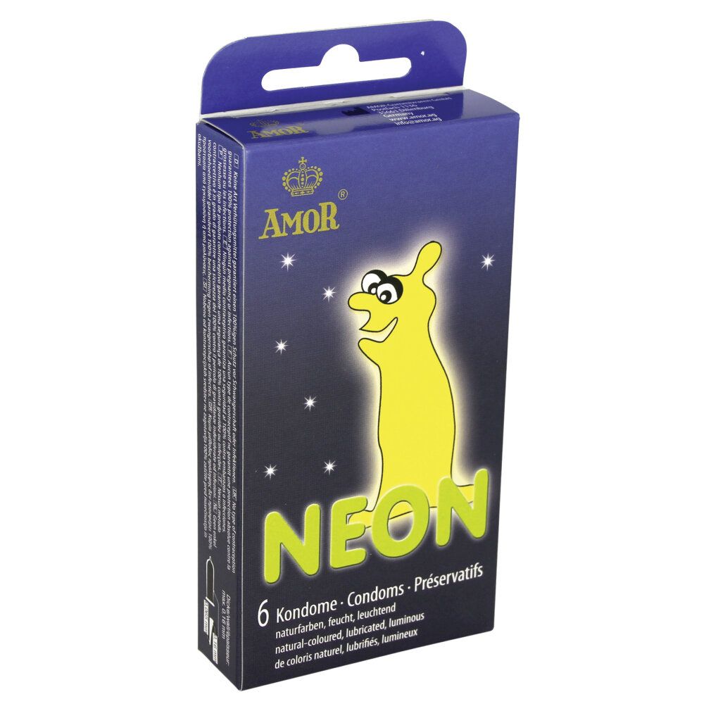 Scatola di preservativi Amor Neon, 6 pezzi. Scritto: colore naturale, lubrificati, luminosi.