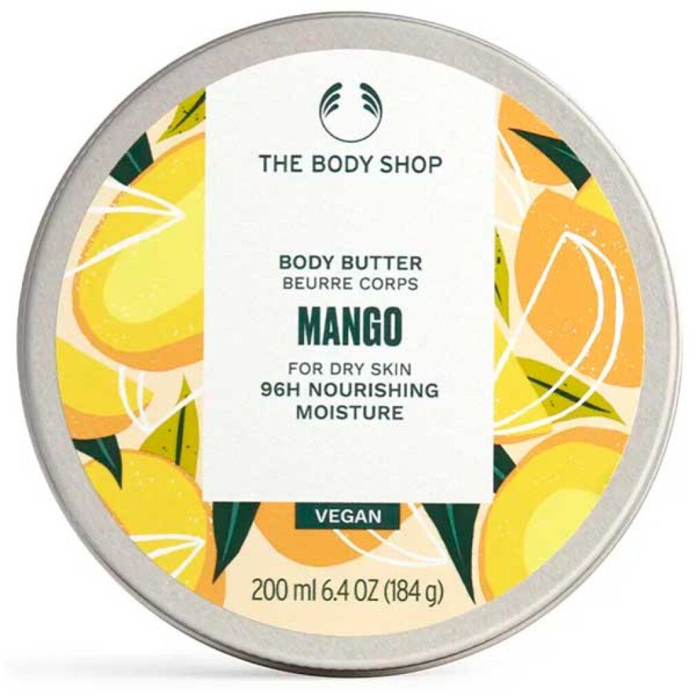 Barattolo rotondo con design mango. Scritta: Body Butter Mango, per pelle secca, idratazione 96h. Vegano. 200 ml.