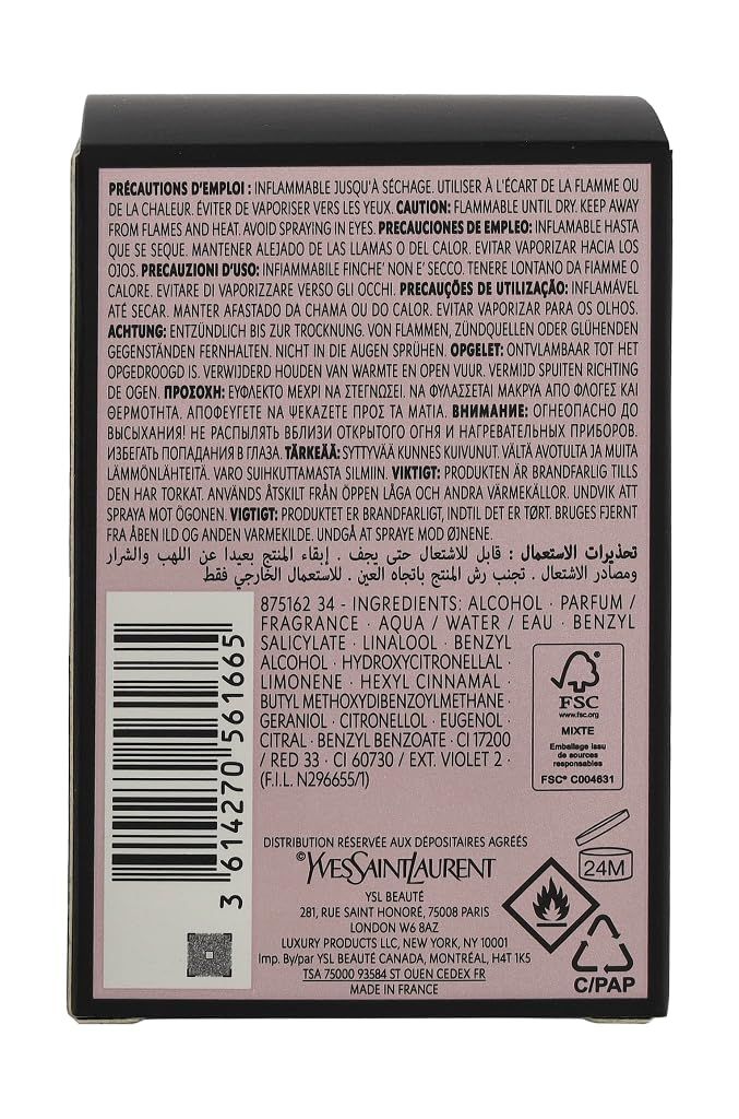 Retro della confezione del prodotto. Testo multilingue. Ingredienti, avvertenze, simbolo di riciclaggio.