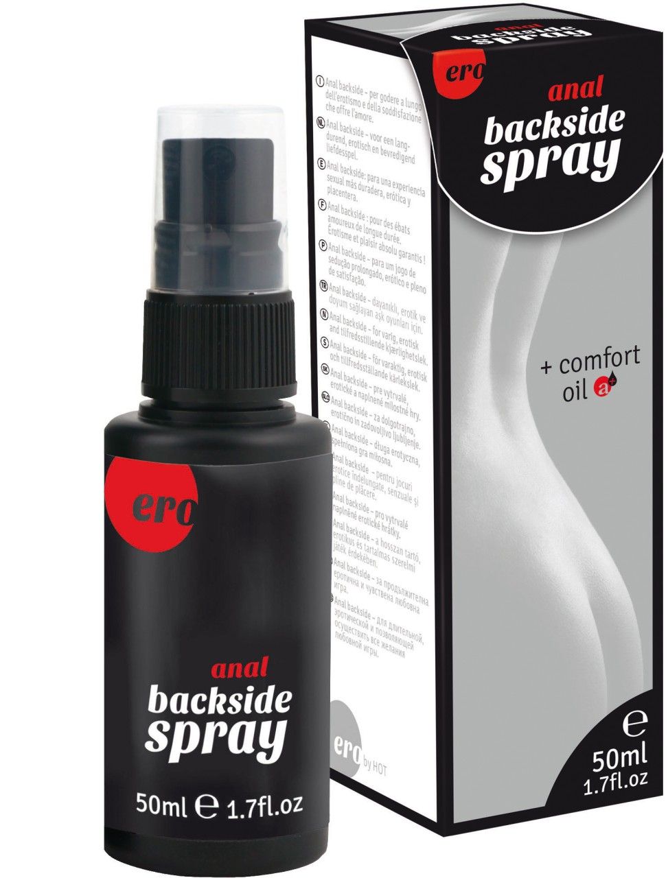 Flacone e scatola Ero Anal Backside Spray, 50ml.