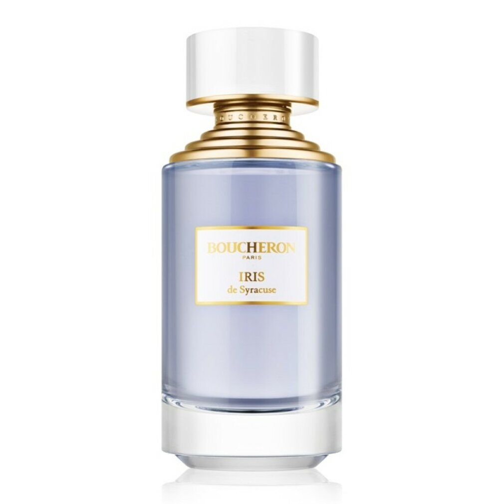 Flacone di profumo con tappo dorato ed etichetta. Scritta: BOUCHERON PARIS, Iris de Syracuse. Flacone in vetro.