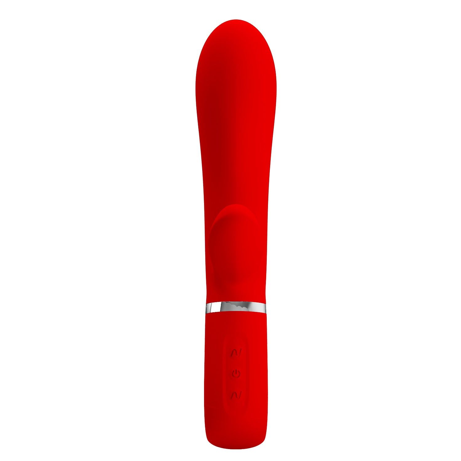 Vibratore rosso. Forma cilindrica con design a coniglio. Anello argentato alla giunzione. Pulsanti di controllo.