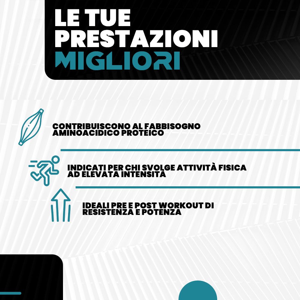 Grafica testuale: Le tue migliori prestazioni. Contribuisce al fabbisogno aminoacidico. Per attività fisica intensa. Ideale pre e post allenamento.