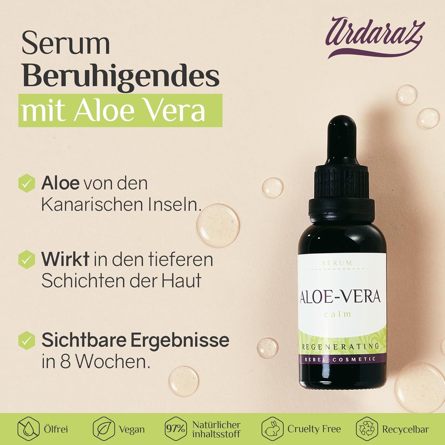 Flacone di siero con Aloe Vera. Testo: Siero lenitivo con Aloe Vera. Aloe delle Isole Canarie. Vegano, Cruelty Free.