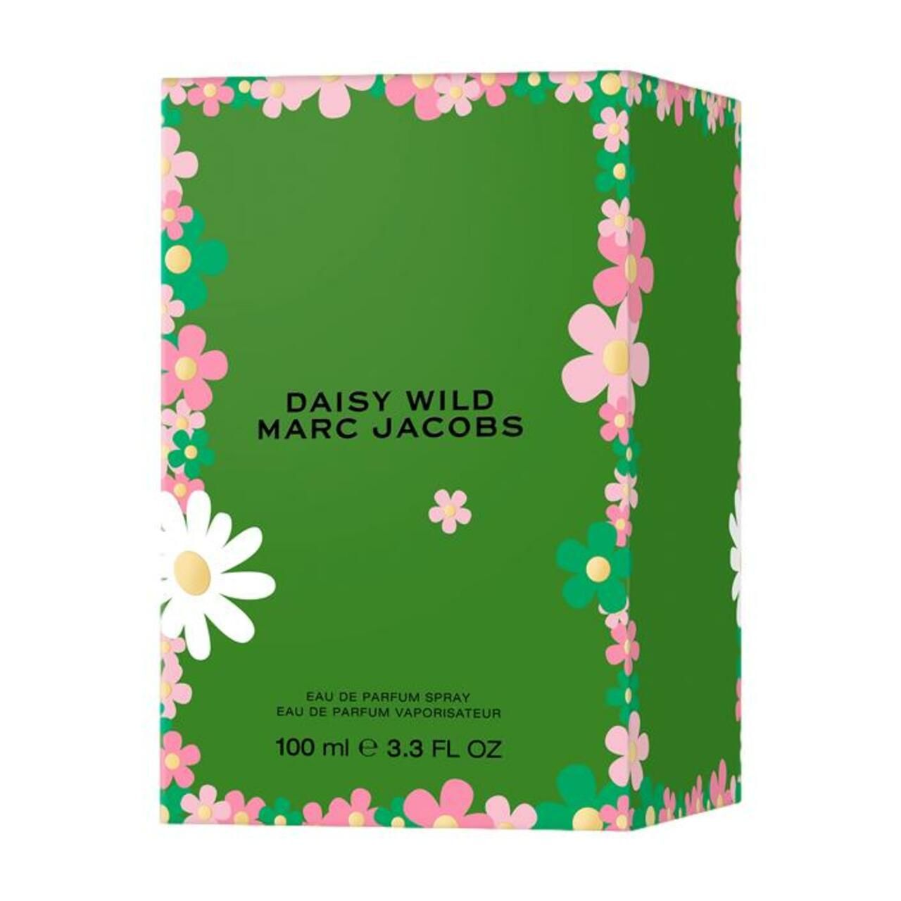 Confezione verde con motivo floreale. Scritta: Daisy Wild Marc Jacobs. Testo: Eau de Parfum Spray, 100 ml e 3.3 FL OZ.