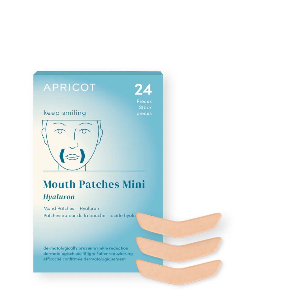Confezione APRICOT Mouth Patches Mini con 24 pezzi. 3 pad a forma di mezzaluna. Scritta: keep smiling.