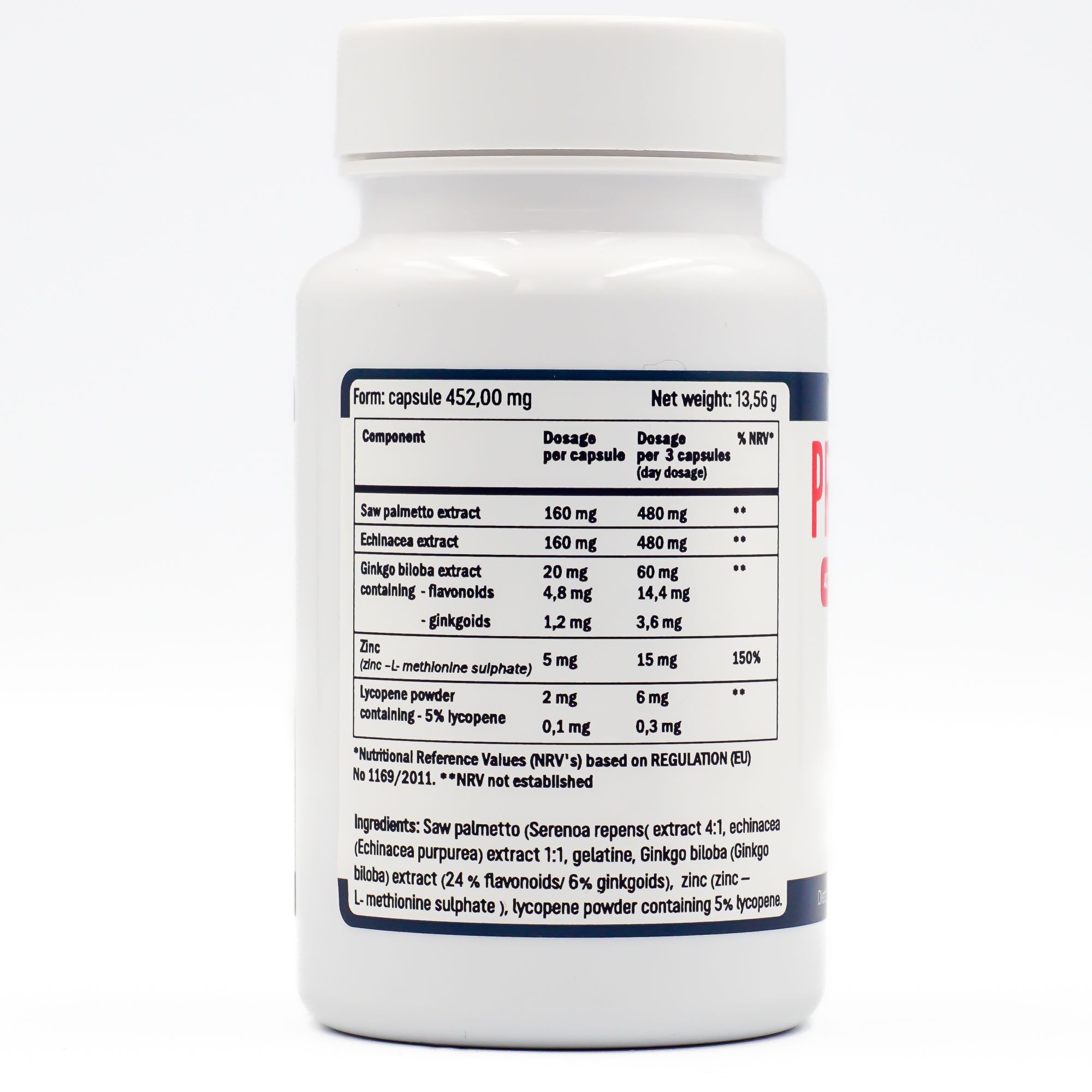 Flacone bianco, retro con informazioni nutrizionali. Contiene estratto di serenoa repens, echinacea, ginkgo biloba, zinco e licopene. Forma capsula.