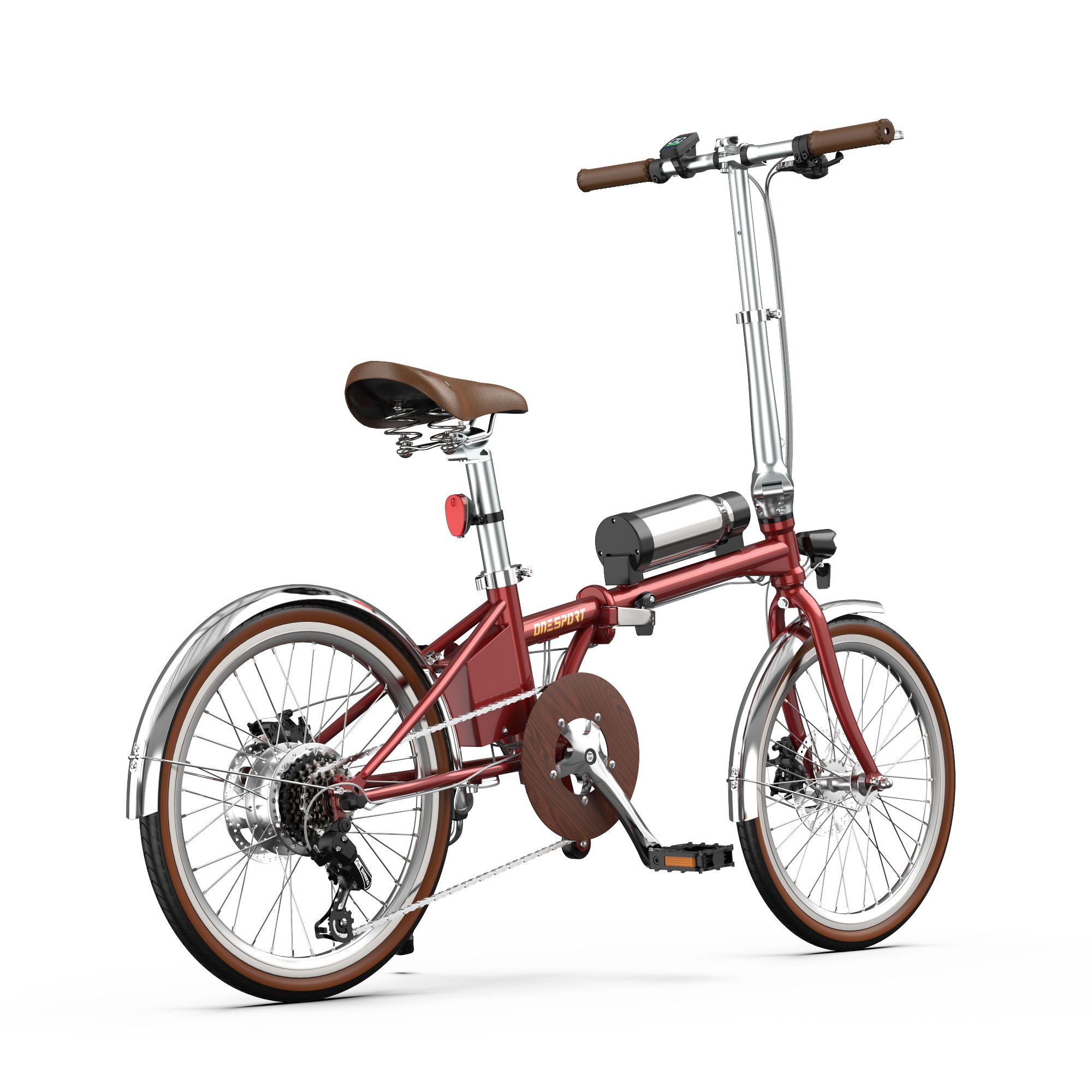 E-bike pieghevole rossa. Ruote da 20 pollici, pneumatici e sella marroni. Parafanghi argentati. Batteria sul telaio.