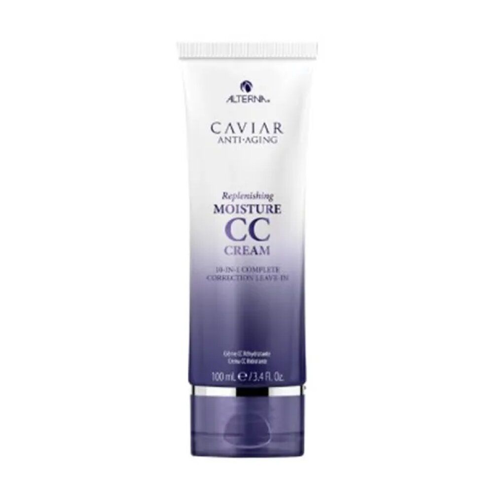 Tubo di crema CC. Sfumatura bianco-viola. Scritte: Caviar Anti-Aging, Replenishing Moisture CC Cream. 10-in-1.
