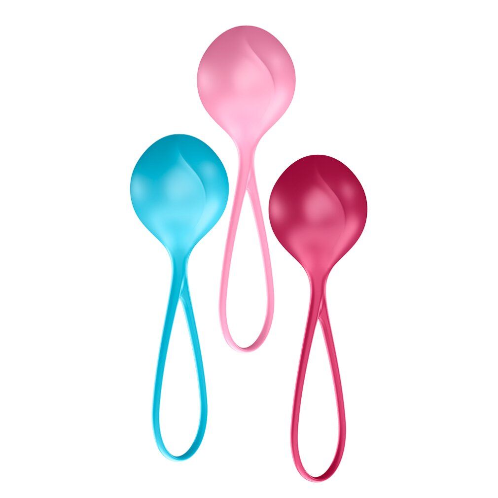 Tre sfere colorate con manici. Colori: blu, rosa, rosso. Sfere con incavo a forma di goccia. Manici con anelli.