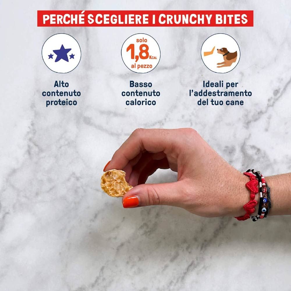 Mano che tiene uno snack per cani. Testo sui vantaggi. Contiene informazioni sul contenuto proteico, le calorie e l'addestramento.