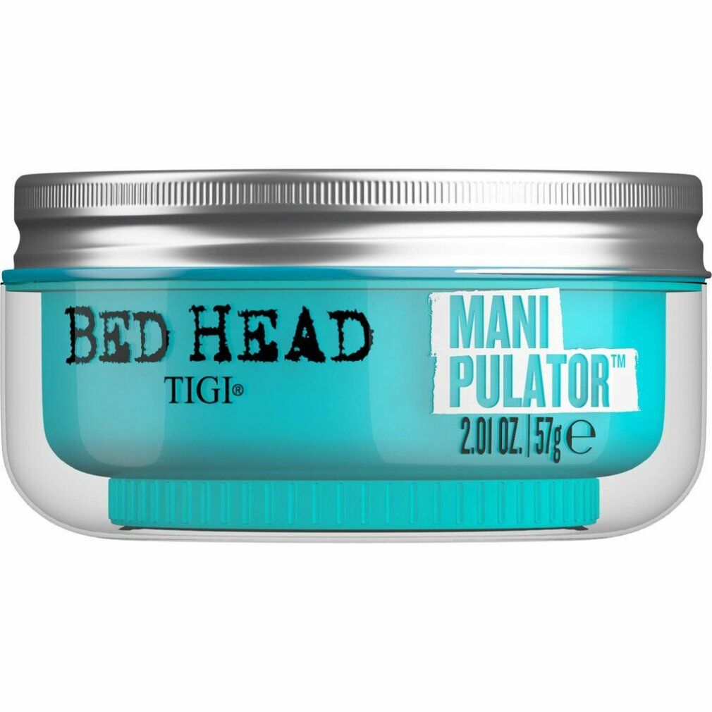 Tigi Bed Head Manipulator Matte Paste. Vasetto con contenuto blu, coperchio argentato. Testo: Manipulator, 2.01 oz. / 57ge.