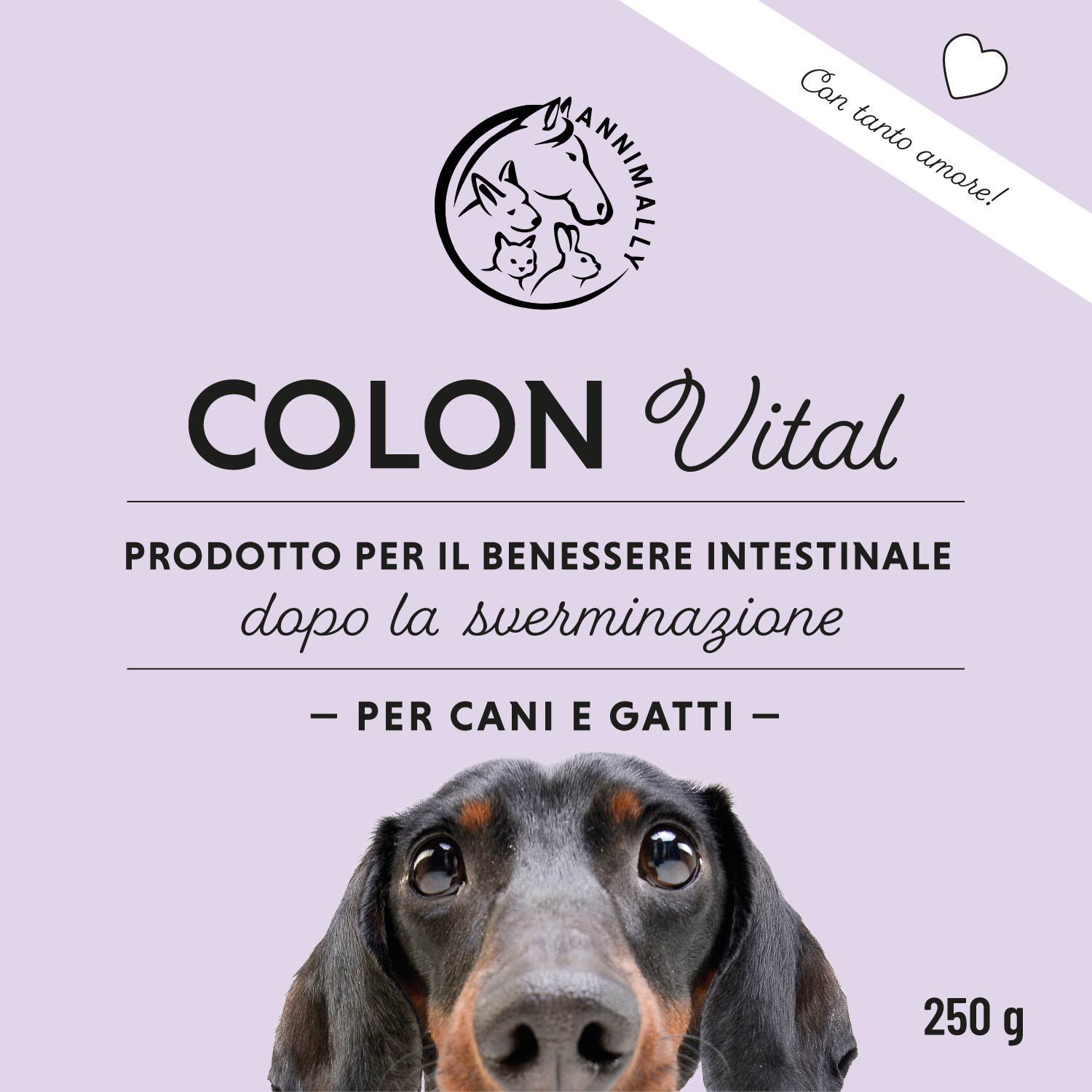 Confezione del prodotto con scritta COLON Vital. Logo con cane, coniglio e cavallo. Integratore: Benessere intestinale.