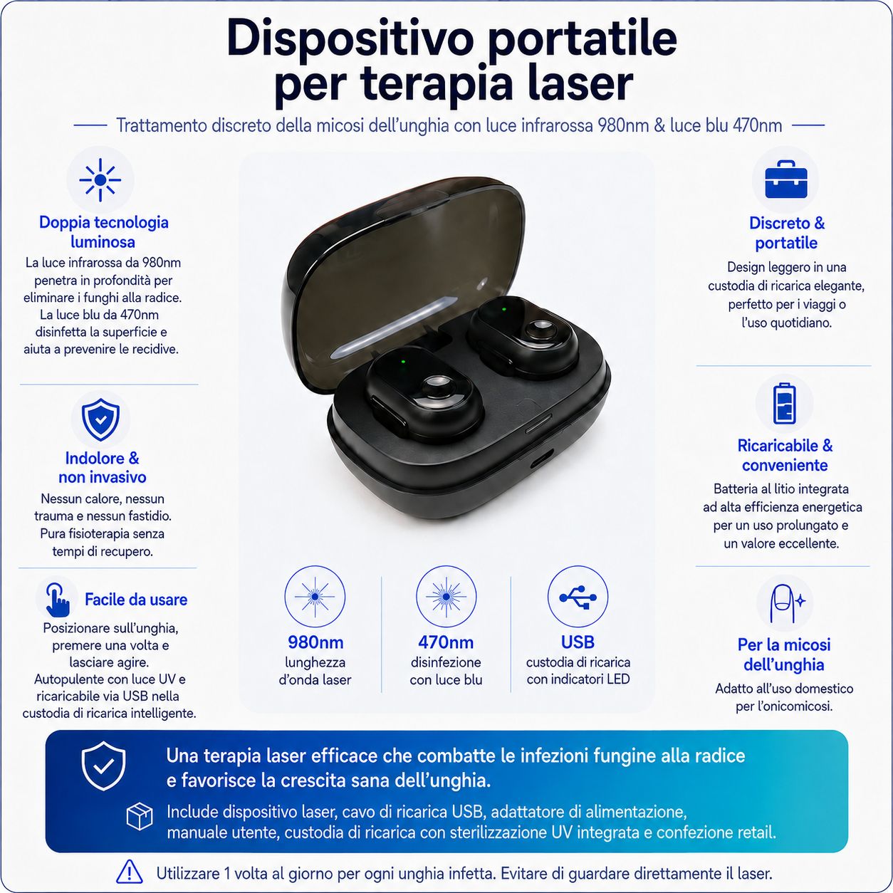 Informazioni sul prodotto in italiano: Dispositivo portatile per terapia laser, trattamento micosi unghie.