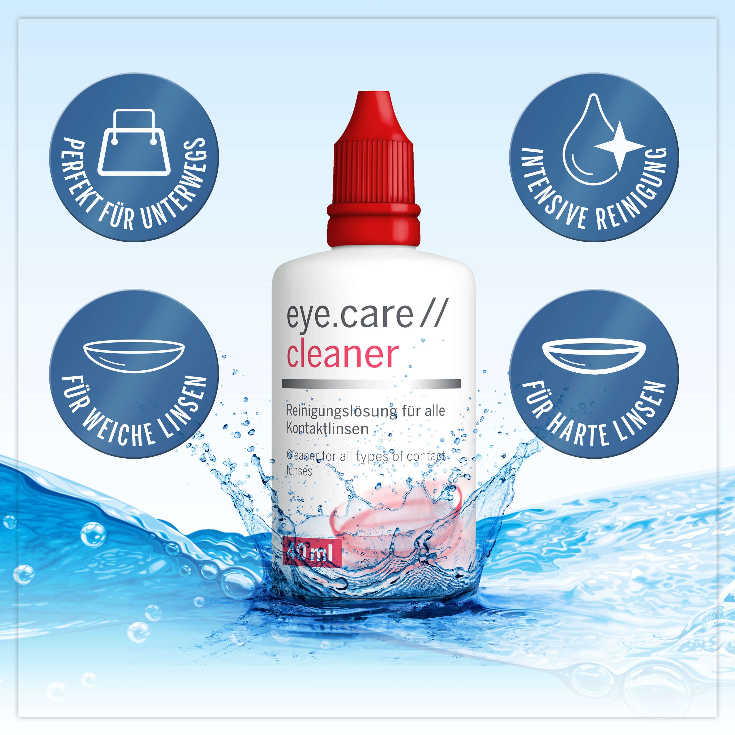 Flacone bianco con tappo rosso circondato dall'acqua. Testo: eye.care // cleaner, 40 ml. Icone circolari.
