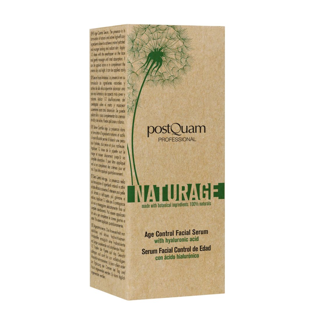 Confezione in cartone con siero. Scritte: Postquam, INATURAGE, Age Control Facial Serum. Cartone marrone con testo e logo.