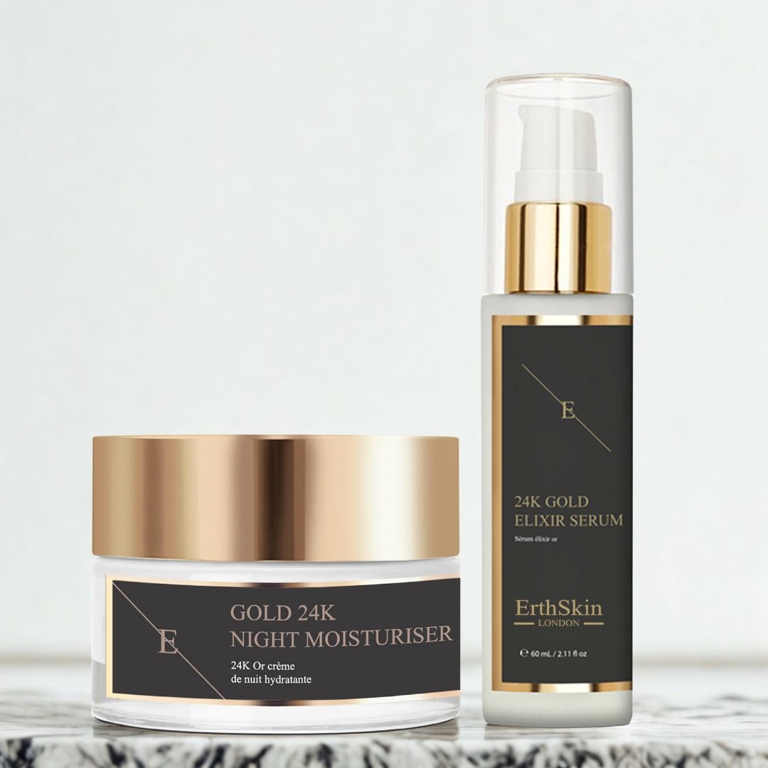 Due prodotti cosmetici: crema idratante notte e siero elisir. Flaconi in vetro con coperchi dorati ed etichette. ErthSkin London.