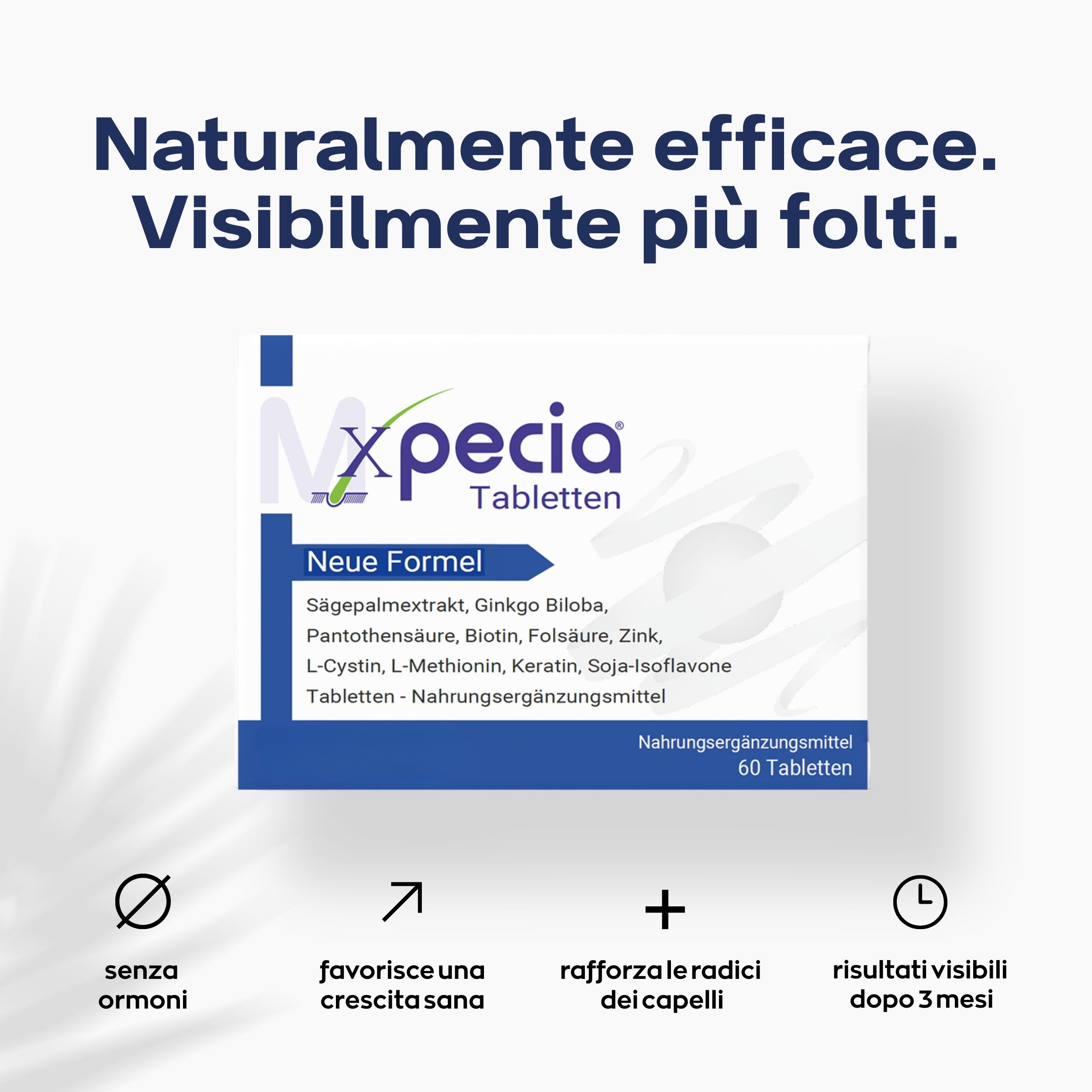 Confezione di compresse Xpecia. Confezione blu con testo. Contiene 60 compresse. Senza ormoni, favorisce la crescita.
