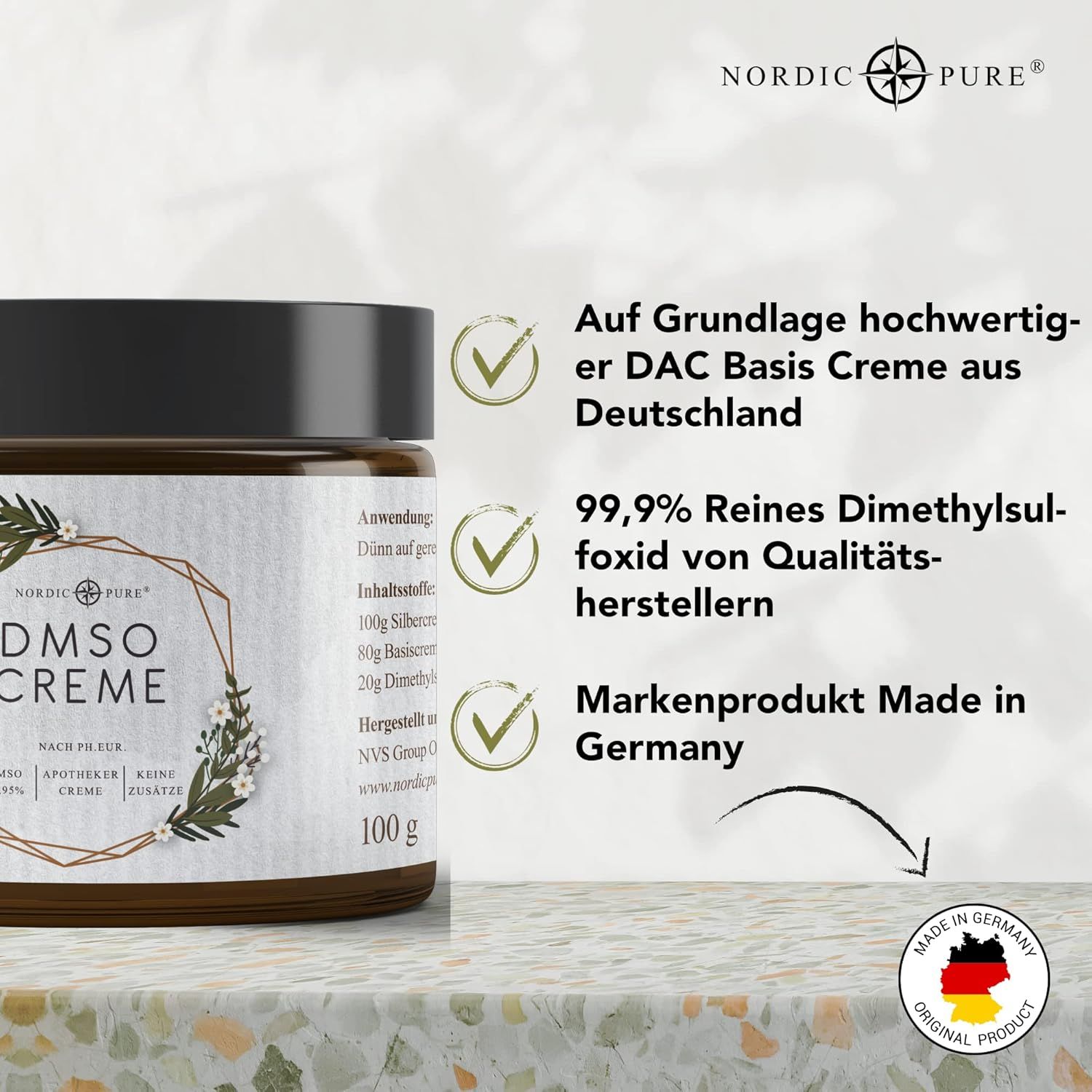Barattolo marrone con coperchio nero. Scritta: DMSO Creme. Testo: Basato su crema base DAC di alta qualità dalla Germania. 99,9% dimetilsolfossido puro.