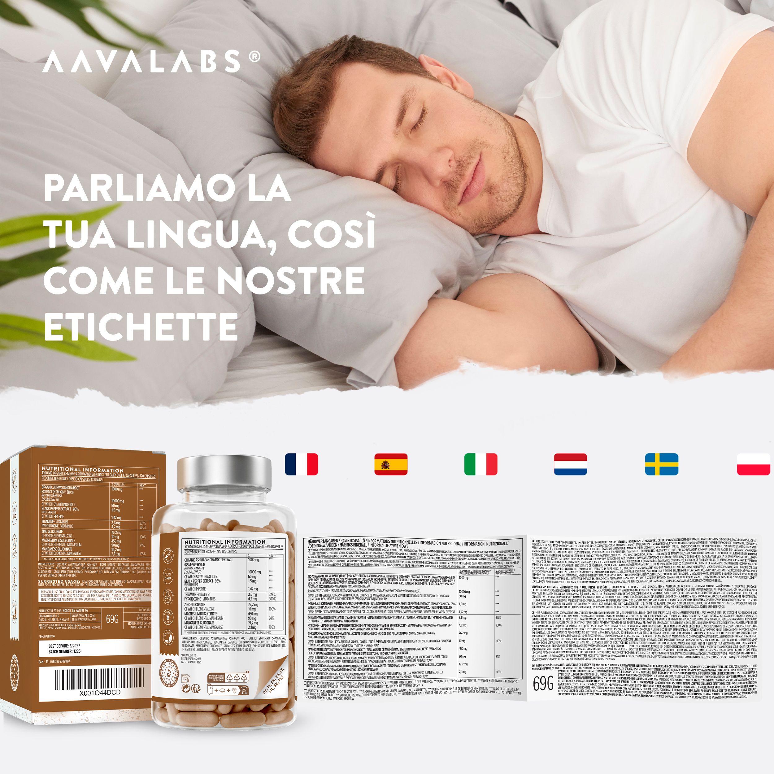 Uomo a letto con bottiglia e confezione. Scritta: Informazioni nutrizionali. Marchio: AAVALABS. 69g.