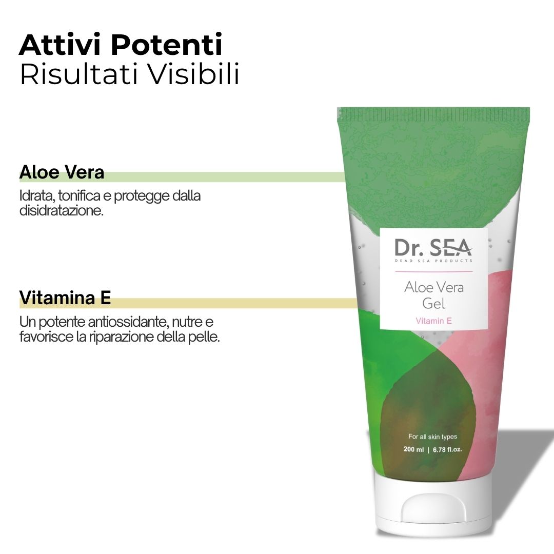 Tubo di gel all'aloe vera. Design verde e rosa. Testo: Dr. SEA, Aloe Vera Gel, Vitamina E. Infografica degli ingredienti.
