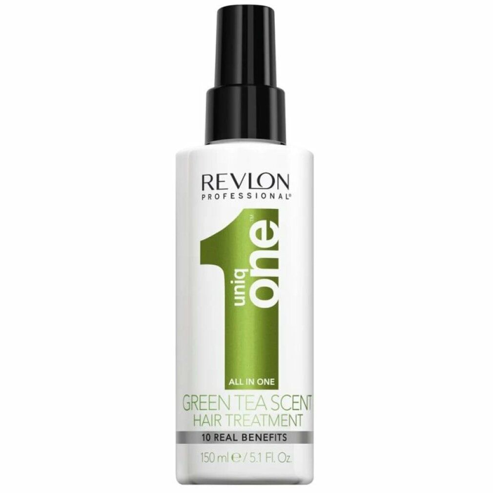 Flacone bianco con erogatore nero. Scritta: Uniq One, Green Tea Scent Hair Treatment. 10 benefici reali.