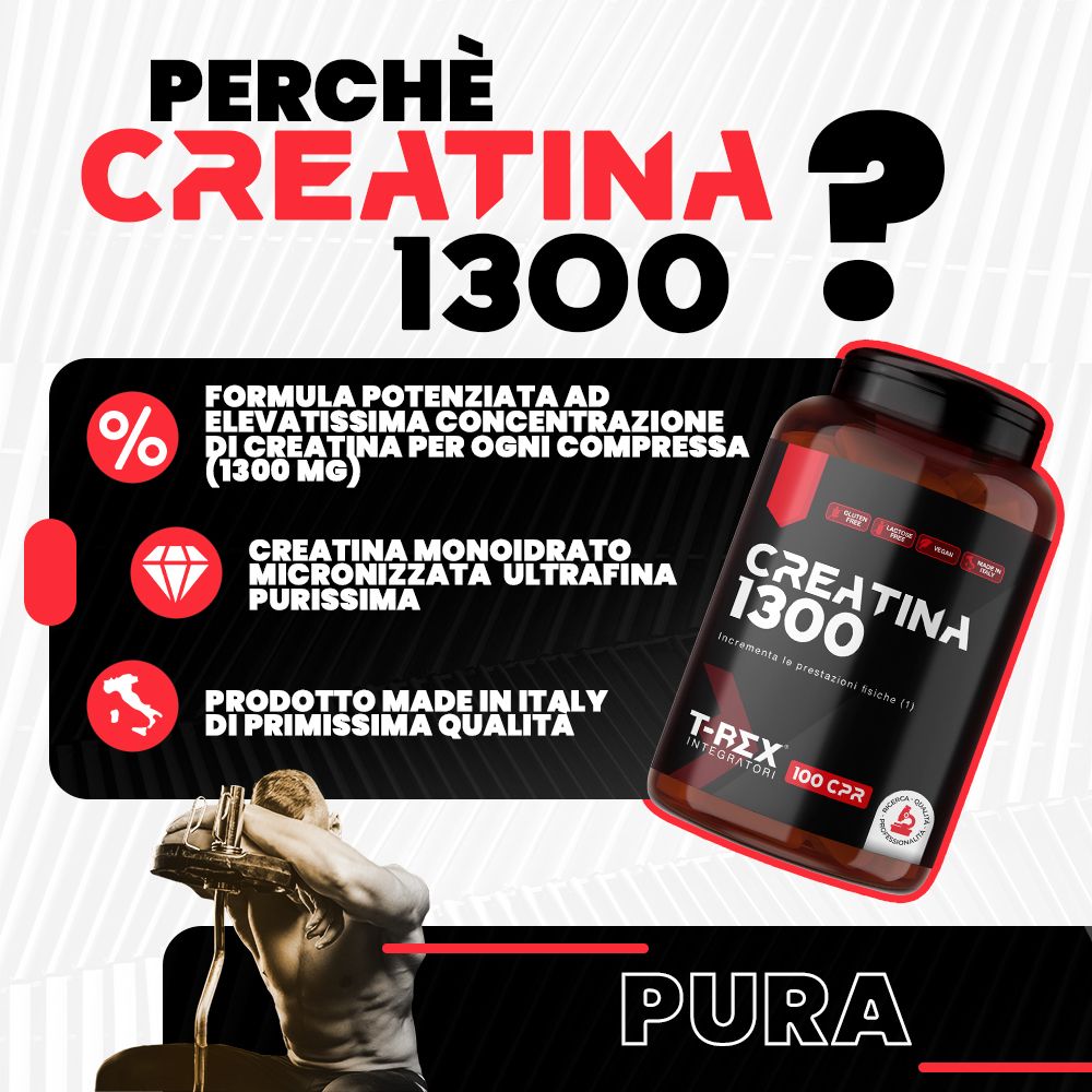 Immagine pubblicitaria con flacone Creatina 1300. Testo: Creatina Monoidrato, Made in Italy. Uomo con pesi sullo sfondo.