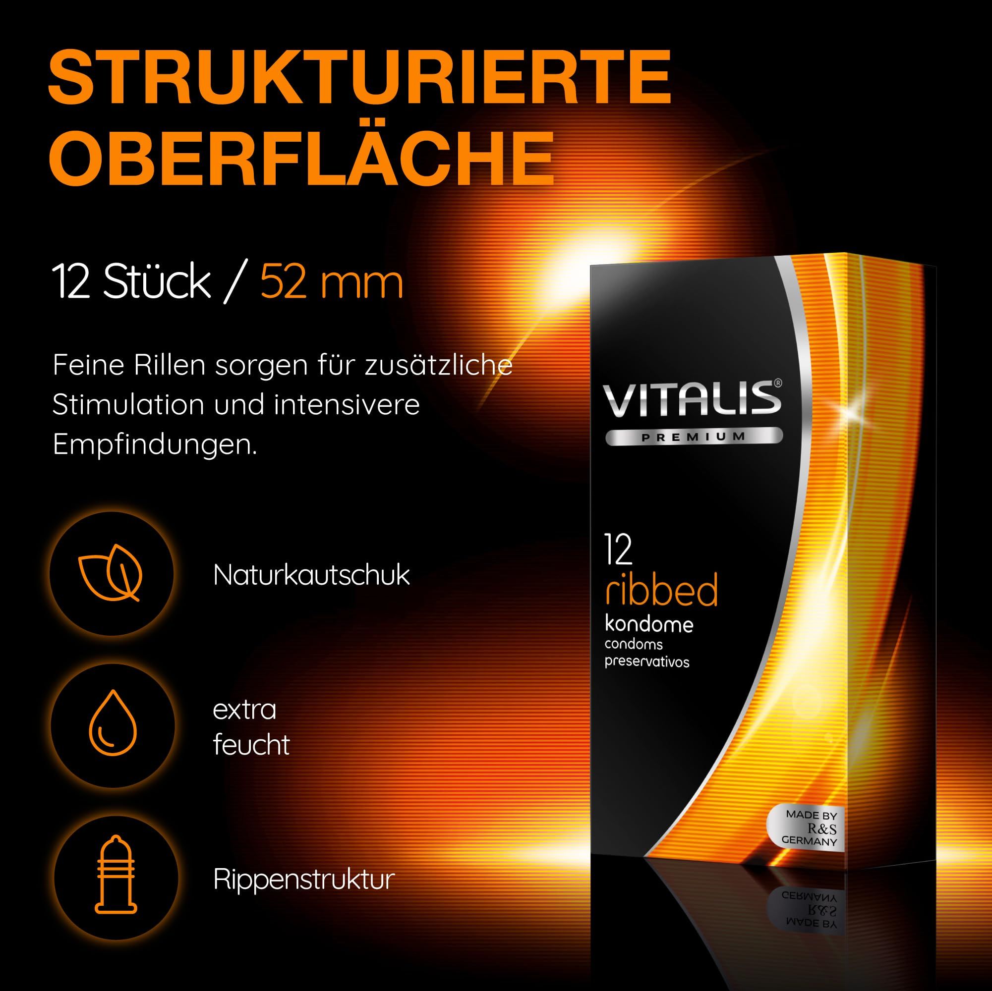 Preservativi Vitalis: Superficie strutturata, 12 pezzi, 53 mm, lattice naturale, extra lubrificato, a coste.