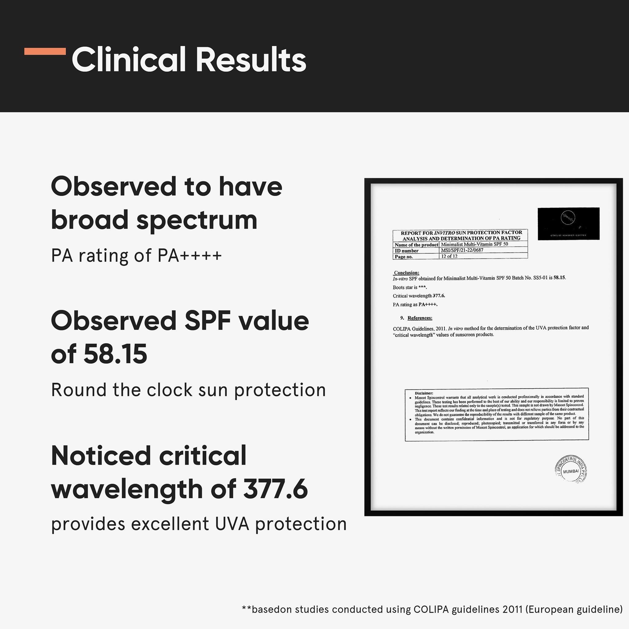 Testo su sfondo grigio. Testo: Clinical Results, Observed SPF value of 58.15, Observed to have broad spectrum. Documento con sigillo.