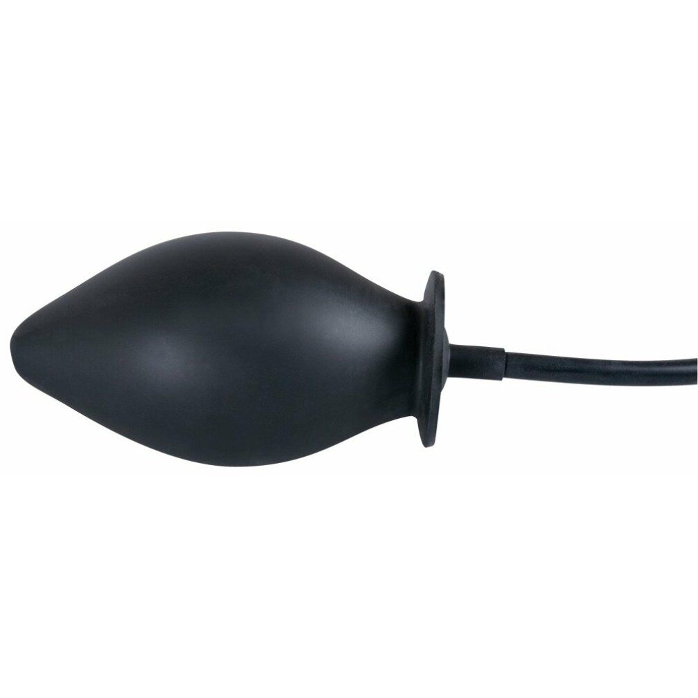 Plug anale gonfiabile nero in silicone. Corpo a forma di pera, tubo di collegamento.