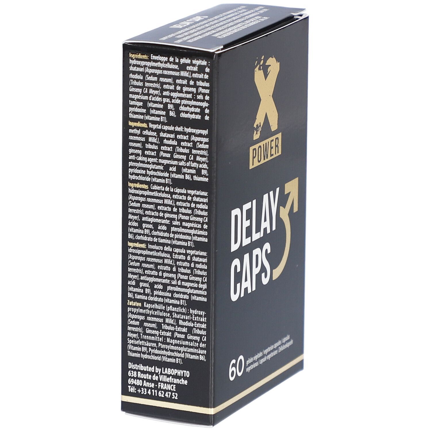 Scatola nera con "X POWER DELAY CAPS". Dettagli ingredienti e informazioni produttore. Testo multilingue.