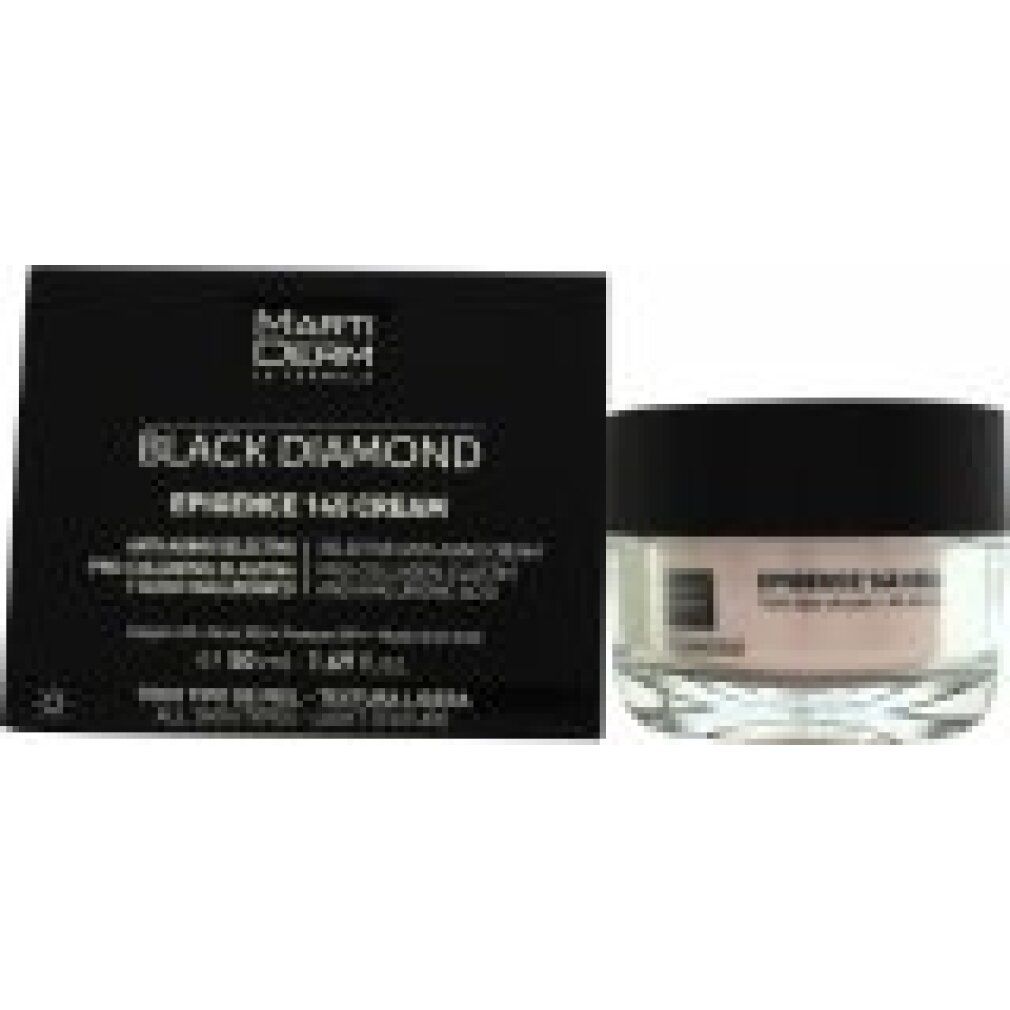 Scatola nera e vaso di crema. Scritta: Marti Derm, Black Diamond, Epigence 145 Cream. Per tutti i tipi di pelle.