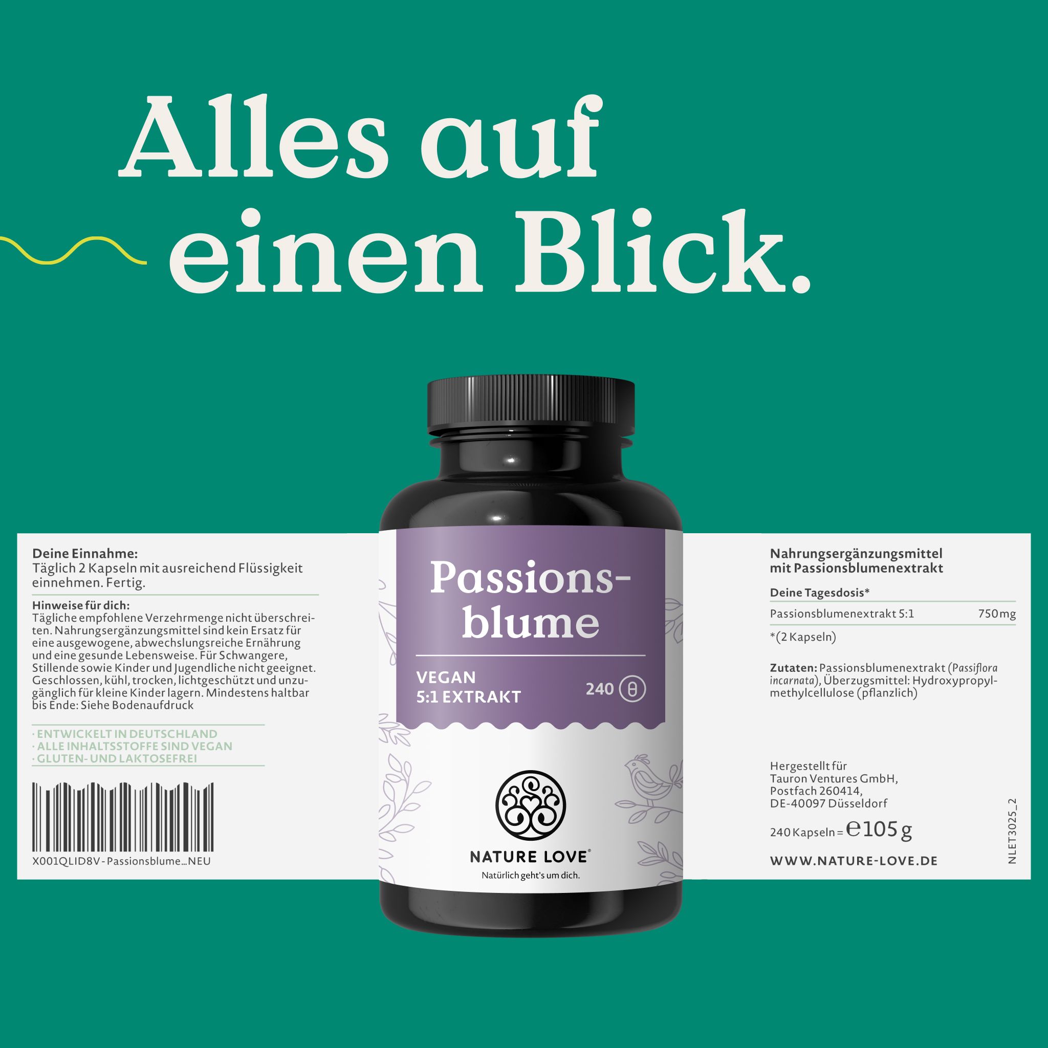Flacone di capsule di estratto di passiflora, etichetta con informazioni nutrizionali.