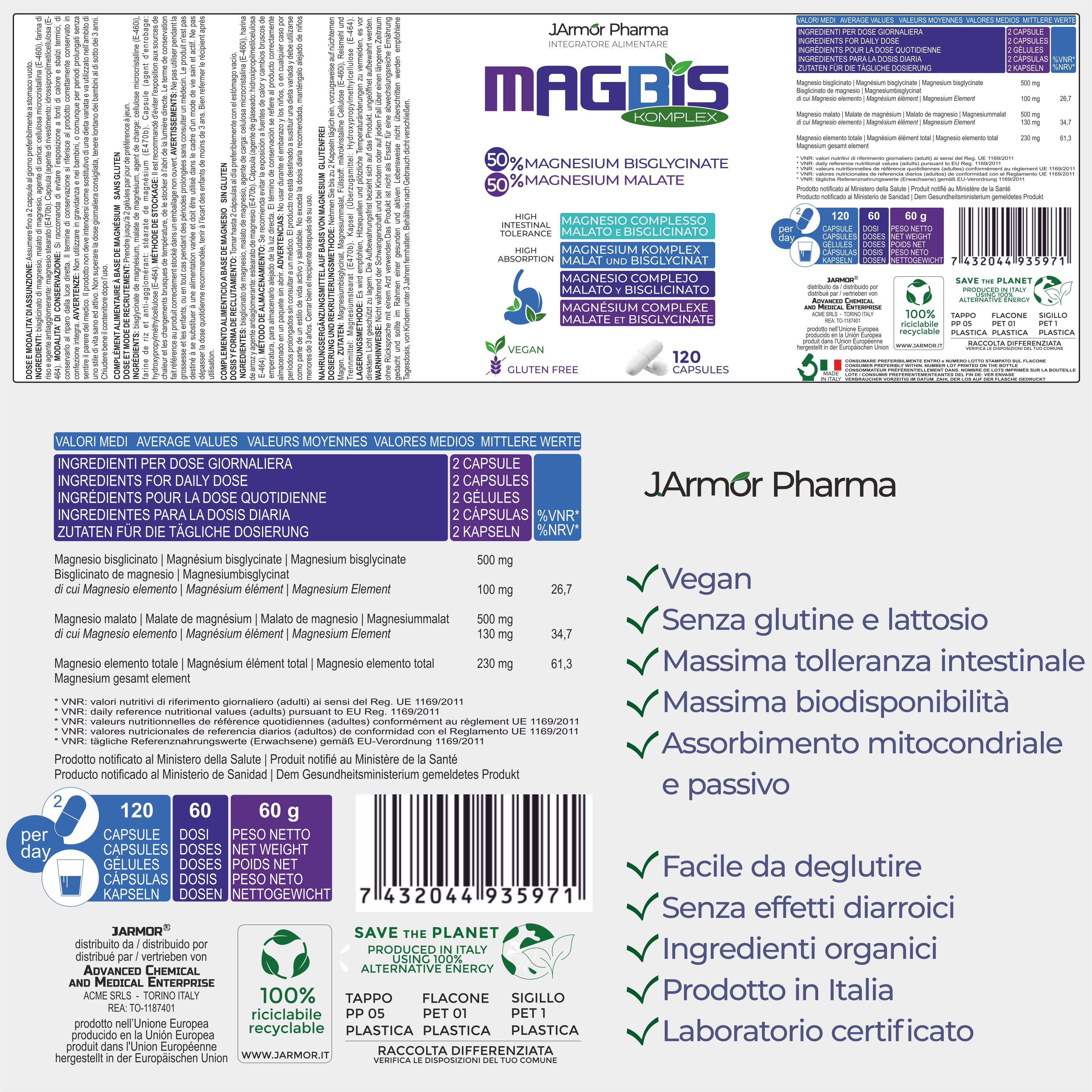 Etichetta del prodotto con ingredienti e informazioni. 120 capsule, 60 g. Vegano, senza glutine. Certificazioni e logo riciclo.