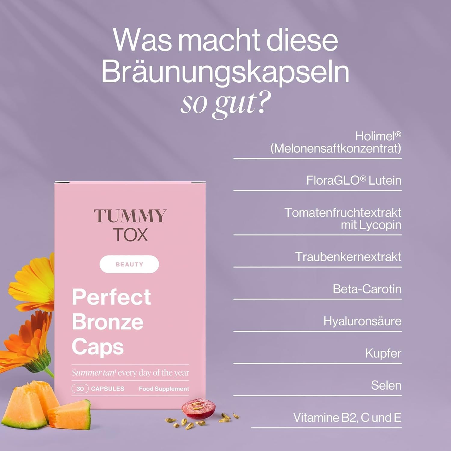 Scatola rosa con 'Tummy Tox Perfect Bronze Caps'. Ingredienti: Holimel, Luteina, Estratto di pomodoro, Estratto di semi d'uva, Beta-carotene, Acido ialuronico.
