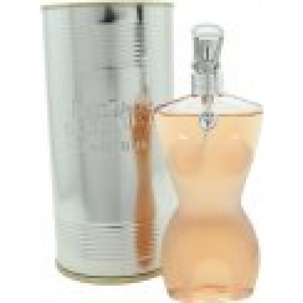 Flacone di profumo a forma di corpo femminile e scatola. Scritta: Jean Paul Gaultier Classique Eau de Toilette.