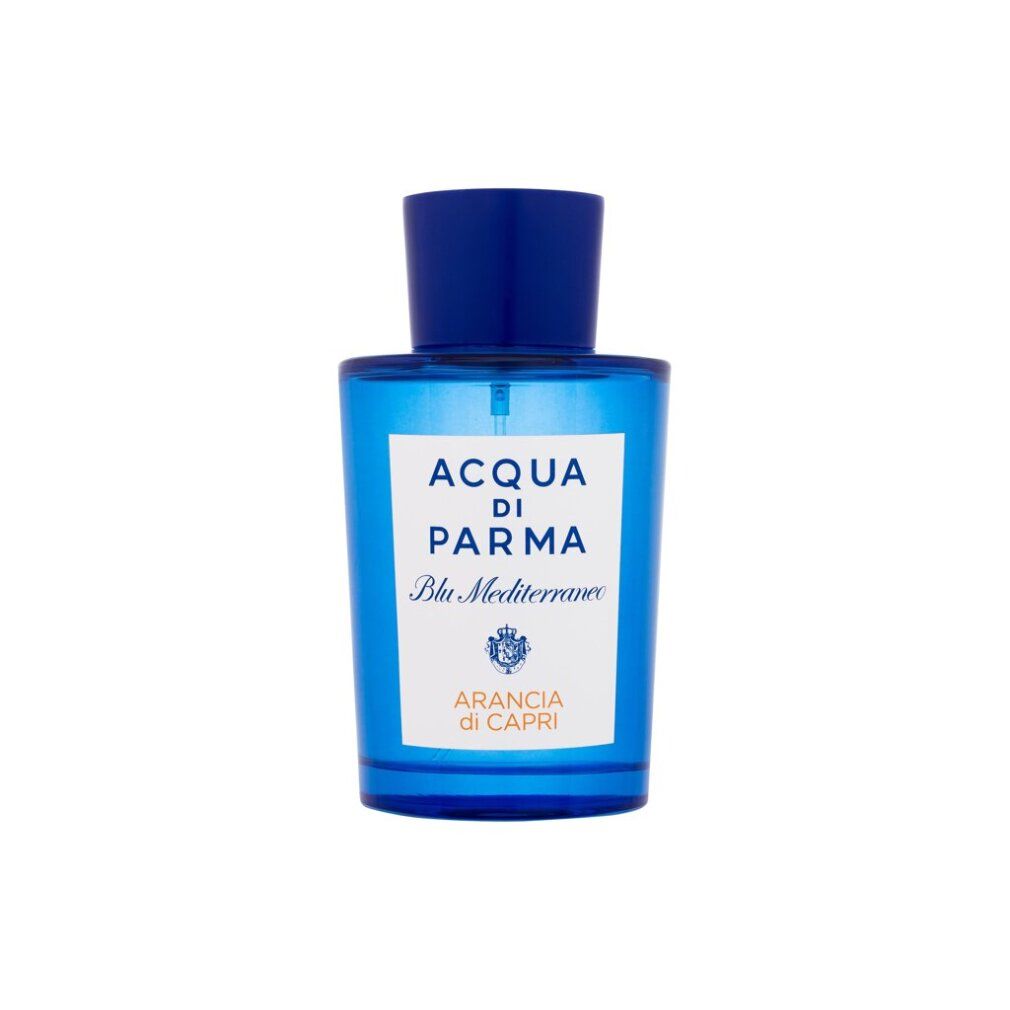 Flacone di profumo blu con etichetta bianca. Scritta: ACQUA DI PARMA Blu Mediterraneo Arancia di Capri.